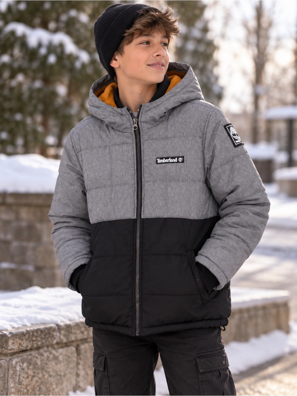 Timberland Boys Puffer Jacket L 14/16 Gray Black Orange Fleece Lined